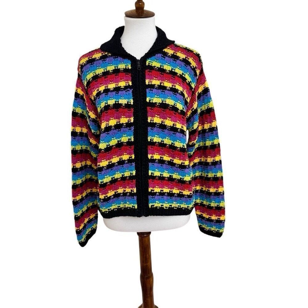 Marisa Christina Knitted by Hand Black Rainbow Full Zip Sweater Cardigan Large